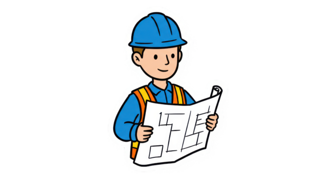 Cartoon Construction Worker Reviewing Blueprint