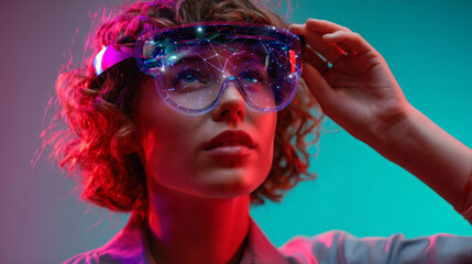 Man with augmented interface interacting with data projections in neon-colored digital workspace