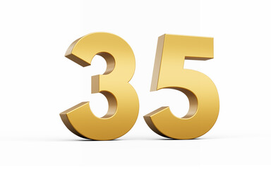 3D Golden number 35 Thirty five isolated on white background, 3d illustration