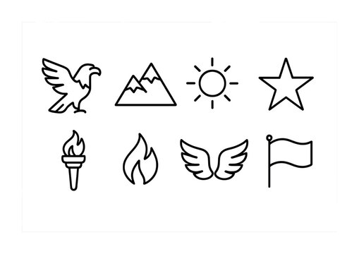 Inspirational Icons Set. Outline icon set of inspirational symbols: eagle, mountain, sun, star, torch, flame,