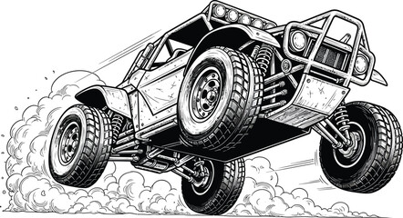 Naklejka premium An offroad buggy jumps high, showcasing extreme sports and automotive engineering in a dynamic illustration