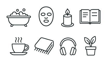 Self-Care Icon Set. Outline icon set of self-care happiness: bubble bath, face mask, book, candle, cup of tea,