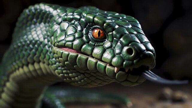 A menacing green serpent with piercing orange eyes and sharp fangs flicking its tongue