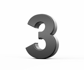 Sleek, metallic Black number 3 Three standing on a white background, 3d illustration