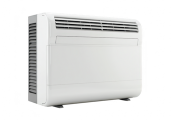 A modern white air conditioning unit with vents and a sleek design, isolated on a transparent background