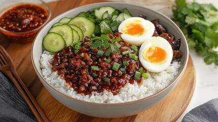 Bowl of rice topped with pork, eggs, cucumber, and sauce