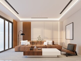 Scandinavian-Style Living Room with Brown Sofa and Wooden Wall Panels. 3d Rendering