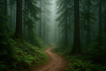 Fototapeta premium Misty forest path with ferns.