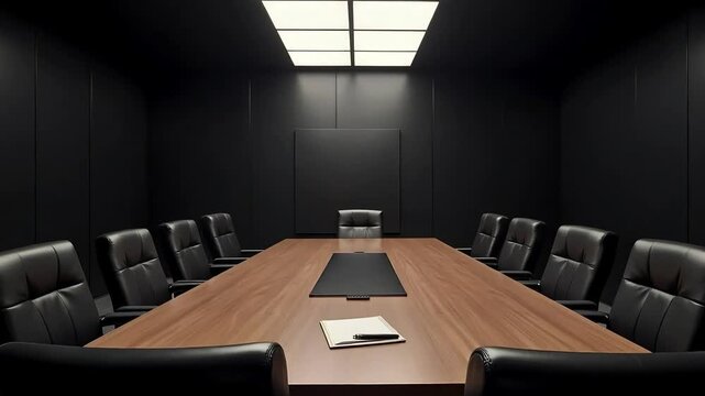Executive conference room showcases a boardroom table and leather chairs for meetings and presentations.