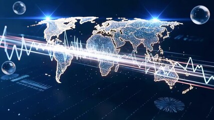 Abstract digital representation of a world map with glowing lines and waveforms against a dark background - Powered by Adobe