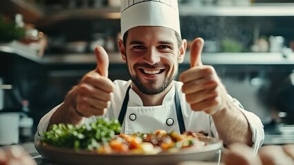 Chef is giving thumbs up to a plate of food. The chef is smiling and he is happy with the dish - Powered by Adobe
