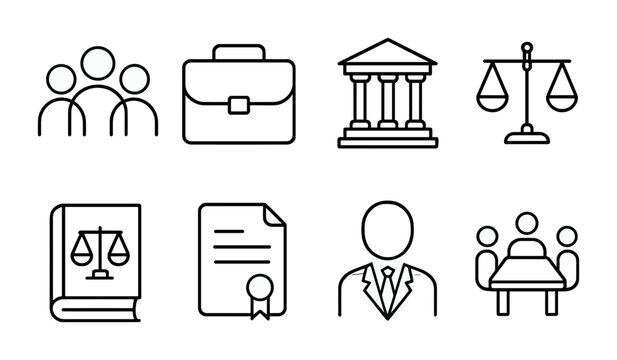 Public Law Icon Set. Outline icon set of Public interest law: community group, legal briefcase, courthouse,