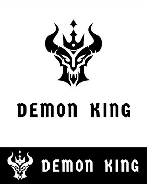 Dark tribal-style demon king logo featuring sharp horns, a menacing face, and a crown in black and white 