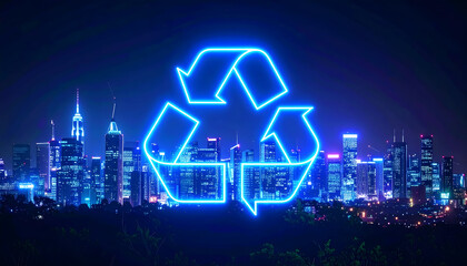 Fototapeta premium Glowing Neon Recycle Symbol Over Night Cityscape