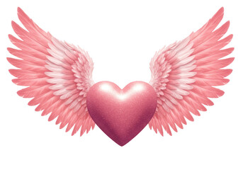 A delicate pink heart with feathered wings takes flight, symbolizing love and romance isolated on transparent background