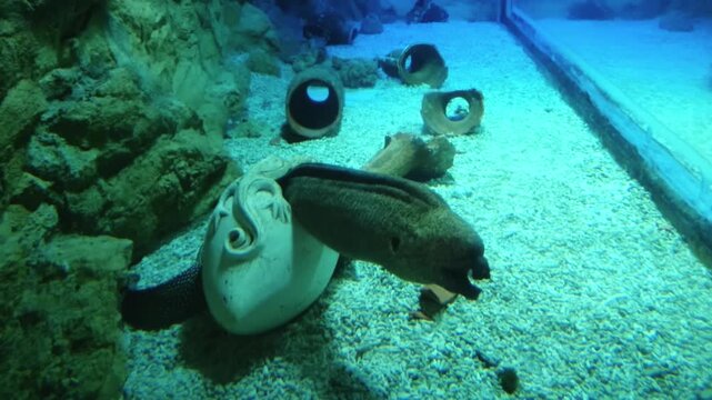 Moray eel in big aquarium, underwater predator