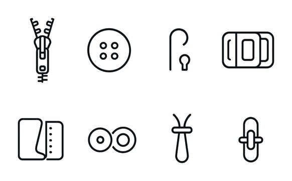 Fastening Mechanisms Icons. Outline icon set of Fastening mechanisms: zipper, button, hook, buckle, Velcro,