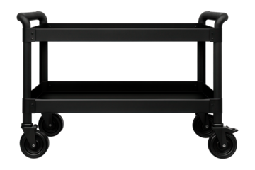 Heavy-duty steel rolling tool cart with two shelves and lockable wheels for a workshop.