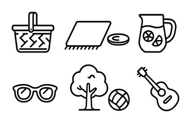 Friends' Park Picnic Icons. Outline icon set of Friends hanging out in a park: picnic basket, blanket, frisbee