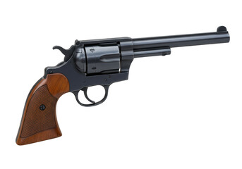 A vintage revolver handgun with a wooden grip, isolated on a transparent background