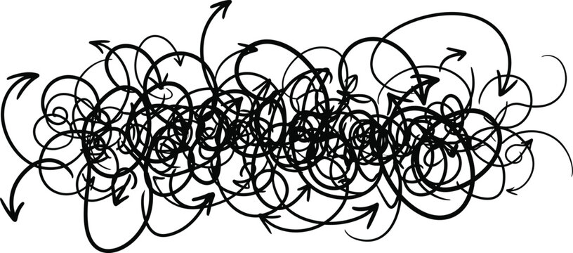 A chaotic tangle of handdrawn arrows creates a sense of directionless complexity isolated on white background