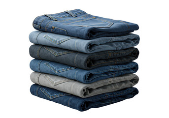 A stack of neatly folded blue denim jeans, representing casual fashion and apparel isolated on transparent background