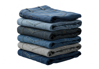 A stack of neatly folded blue denim jeans, representing casual fashion and apparel isolated on transparent background