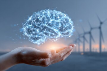 A hand holding an electric brain, with wind turbines in the background — a concept representing Artificial Intelligence investment in energy infrastructure and modern technology..
