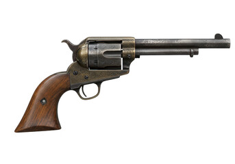 An antique western revolver handgun with a wooden grip, isolated on a transparent background