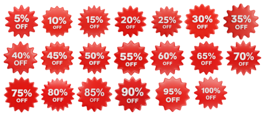 Red 3D starburst sale badges: 5% to 100% off discounts, promotional graphic.