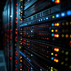 Naklejka premium A single, powerful server rack stands isolated in a dark room. Its blinking red and orange lights reflect on the floor, symbolizing data processing, network activity, and technological power
