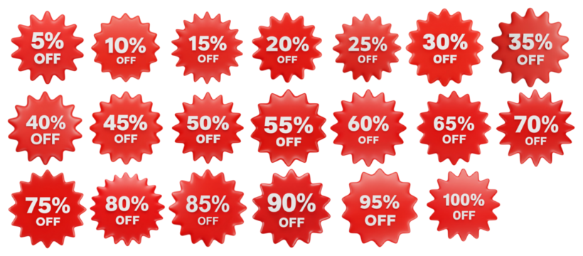Red 3D starburst sale badges: 5% to 100% off discounts, promotional graphic.