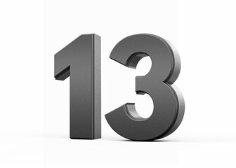 Sleek, metallic Black number 13 Thirteen standing on a white background, 3d illustration