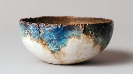 Ceramic Bowl with Textured Surface and Blue Glaze Accent