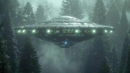 A massive, detailed metallic UFO with intricate panels and glowing lights hovers low over a dark, misty pine forest, its presence creating an ominous and imposing cinematic atmosphere