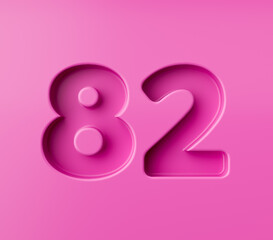 Vibrant pink number 82 Eighty two embossed on a pink background, 3d illustration