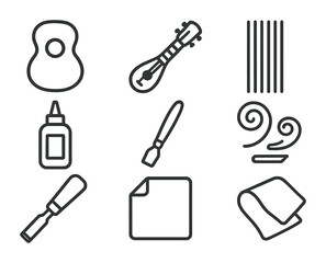 Traditional Instrument Craft Icons. Outline icon set of traditional musical instrument craftsmanship: guitar