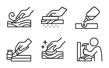 Handcraft Technique Icons. Outline icon set of handcrafting techniques: carving, sanding, gluing, varnishing,