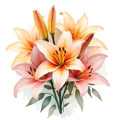 Fototapeta premium Elegant Lilies Bouquet with Peach and Pink Watercolor Style Flowers