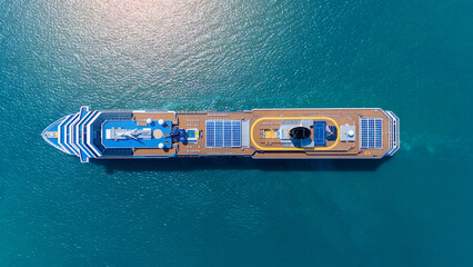 Aerial view of beautiful white cruise ship above luxury cruise in the ocean sea at early in the morning time concept smart tourism travel on holiday vacation time on summer, webinar banner