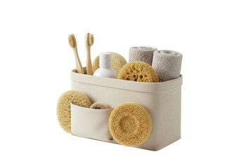 A natural linen bathroom organizer filled with toiletries, toothbrushes, sponges, and towels isolated on transparent background