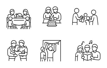 Fototapeta premium Modern Family Celebration Icons. Outline icon set of modern family celebrations: holiday dinner, cake cutting,