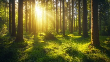 A forest of spruce trees basks in an mystical ambiance created by sunbeams shining through the fog