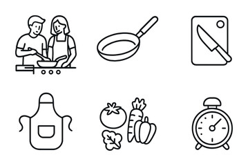 Couple Cooking Icons. Outline icon set of a couple cooking dinner together: stove, frying pan, chopping board,