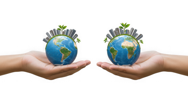 Two hands holding globes with tiny buildings and plants on a transparent background