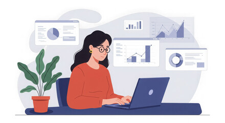Woman working on laptop with data charts and plant in a modern office setting on transparent background