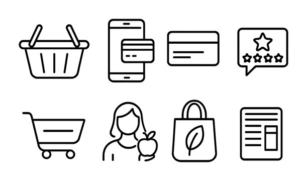 Organic Market Icons. Outline icon set of consumer behavior in organic markets: shopping basket, mobile