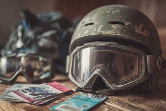 Worn ski helmet, goggles, and lift tickets