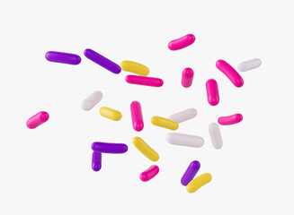 Bright and colorful candy sprinkles scattered on a white background, 3d illustration