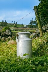 Traditional Aluminum Milk Churn Standing in a Lush Green Pasture Beside a Rustic Wire Fence Under a Bright Blue Sky. Rural Life, Dairy Farming, Agricultural Symbol, Countryside, Azores